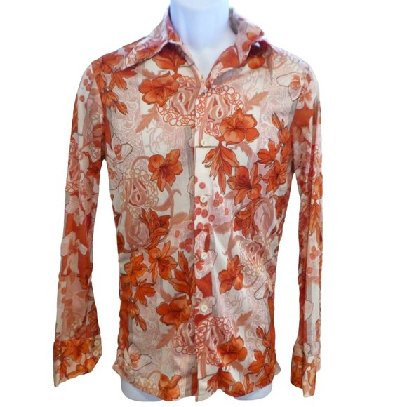 Vintage 70s Frankenstein Disco Polyester Floral Shirt Pointed Dagger Butterfly - Picture 3 of 6